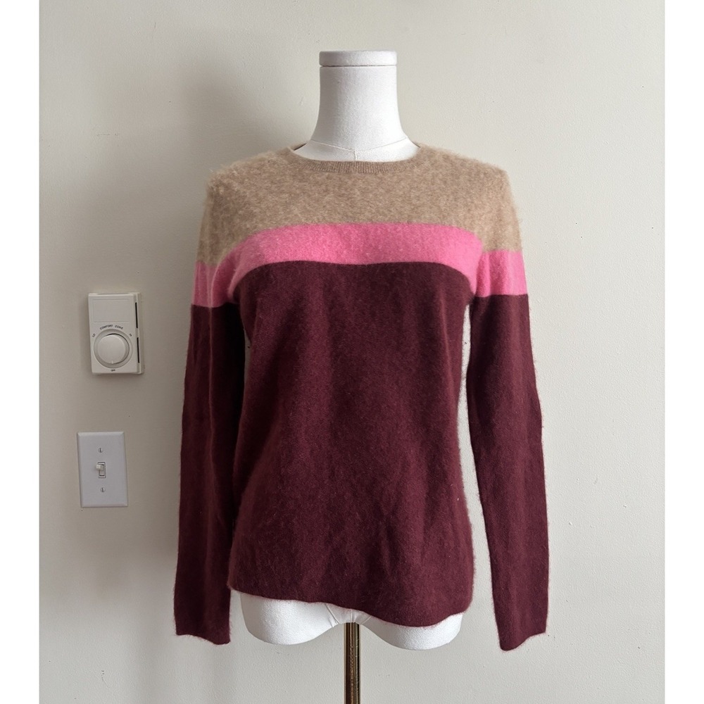 Lands End Womens Medium 100% Cashmere Crewneck Sweater Striped Purple Pink Brown
